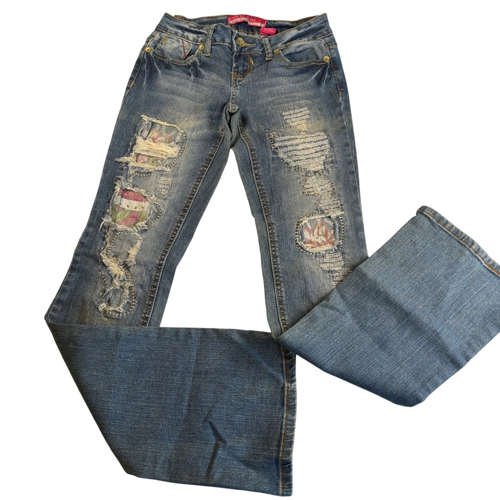Zana Di Jeans Flare Distressed Patchwork Blue Ramie Cotton Spandex Size 1
